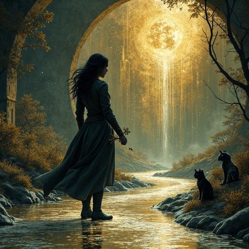 A silhouette of a black-haired mage-woman in a leather doublet and high canvas boots standing by a winding river. She casts wind magic, with cosmic and intricate elements around her. Hypnotic strokes depicting various fantasy scenarios. The scene is illuminated with cinematic golden light.