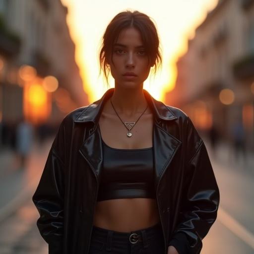 Stylish young woman walking in a European city at sunset. Wearing glossy black techwear. Features a sleek crop top and jacket. Has a geometric neck tattoo. Showcasing futuristic cyberpunk fashion. Soft cinematic lighting. High detail in the scene.