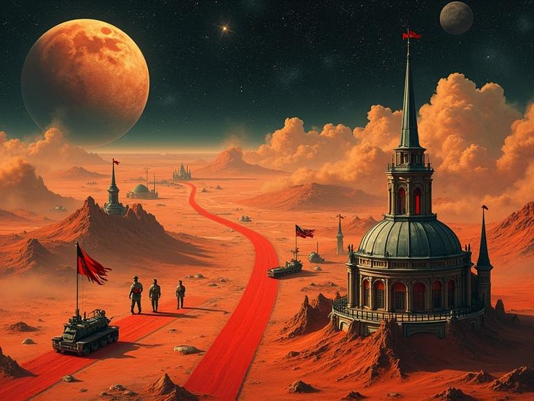 A historical world map highlights Germany with a red line from Berlin to a Martian colony. The colony has dome structures and Gothic spires with Imperial German flags. It features military outposts and steam-powered vehicles. Colonists in pressure suits show Prussian insignia. The scene is set in a star-filled space with warm lighting. Vintage aesthetics merge with colonial infrastructure.