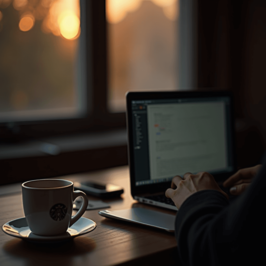 A person working on a laptop with a cup of coffee at sunset.