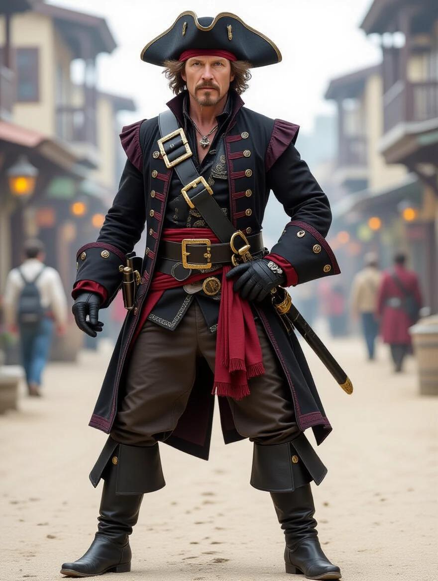 A pirate character wearing a black hat and boots. The costume features black and crimson colors with intricate details. The character stands confidently with a sword. The style is inspired by Magic the Gathering. No background included.