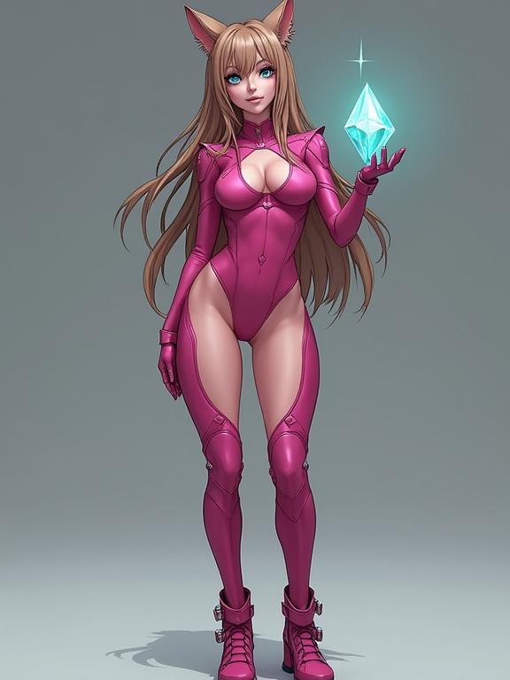 Full body render of a mature woman with long light brown hair and cat ears. She has blue eyes, perky breasts, and thick thighs. Wearing a dark pink bodysuit with pink combat heels. Holding a teal glowing crystal. Styled in the Xenoblade Chronicles 2 art style with a sci-fi look.