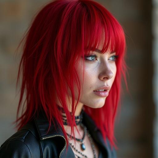 Image of a female rockstar with vibrant red hair and leather jacket. She looks expressive and modern. Detailed facial features are visible. Background is out of focus.
