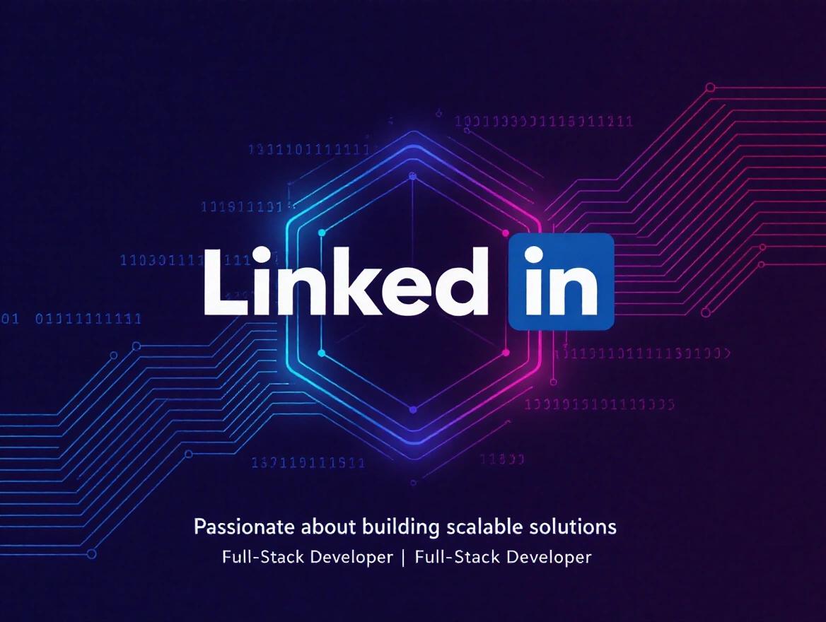 Professional LinkedIn cover photo for a software developer. Modern design, dark gradient background. Abstract tech elements like binary code and circuit boards. Futuristic hexagonal grid. Glowing effect on elements. Space for tagline: 'Passionate about building scalable solutions' or 'Full-Stack Developer'. Balanced design for profile UI elements.