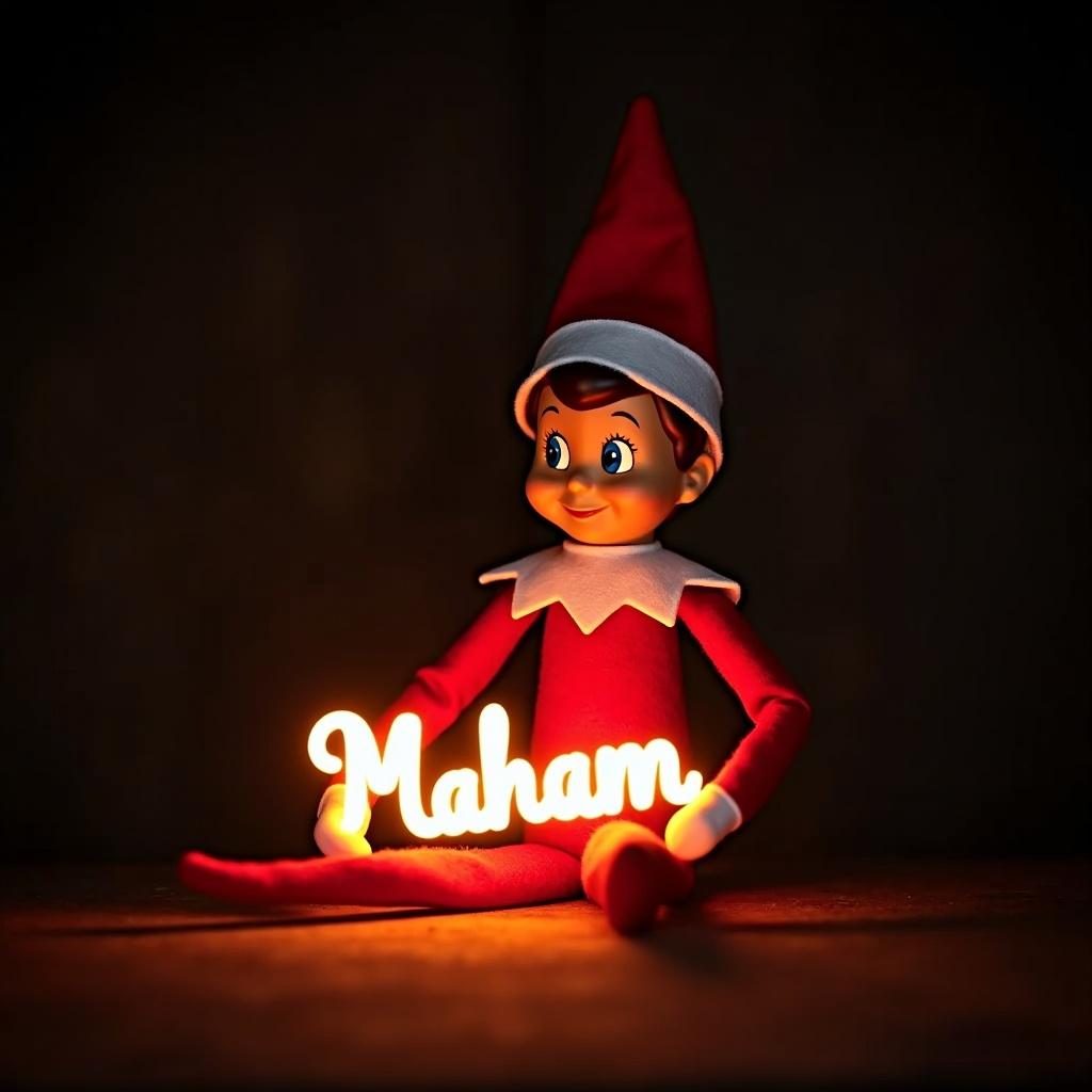 Elf on the Shelf character in red and white attire holds a glowing text 'Maham'. Dark background enhances the glow. Warm festive atmosphere evokes Christmas joy.