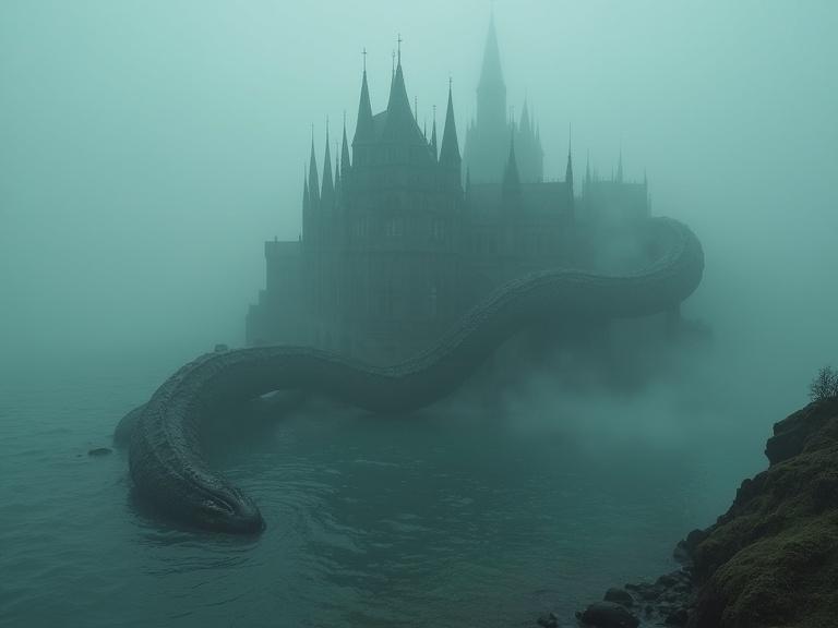 A gigantic sea serpent with a cathedral on its back slithering through mystical fog above a drowned world. Dreamcore and surreal horror themes present.