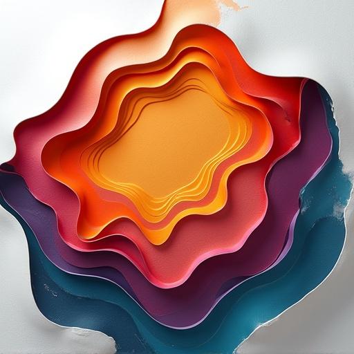 Layered abstract background with cut-out shapes. Colorful patterns reveal beneath the layers. 3D effect through shadows. No text present.