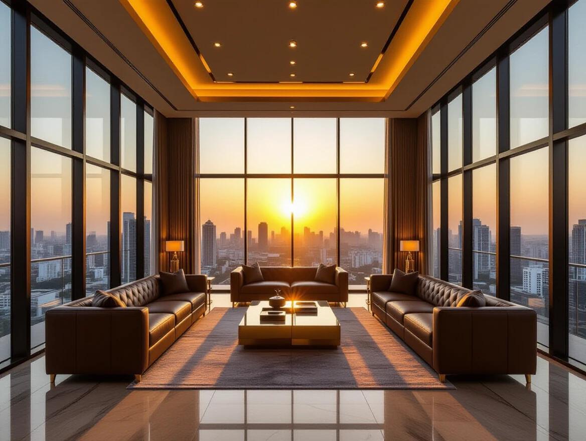 Luxurious indoor lounge during sunset in high-rise Bangalore. Full-length glass windows showing sunset. Opulent interior design with leather sofas and polished marble floors. Elegant lighting from ceiling fixtures. Warm golden glows. Skyline with modern high-rise towers. Clean space without people.