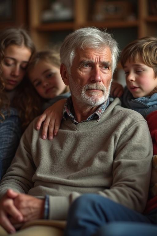 Photo capturing family dynamics with an older father seated and younger family members around him. The father appears disengaged while young adults show mixed emotions. Setting is cozy indoors.