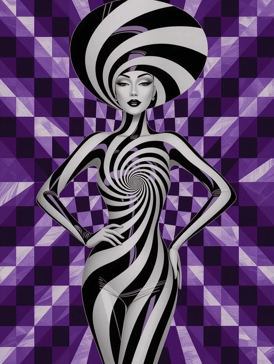 Digital art of a V-Shaped woman's body in a black and white catsuit with a spiral pattern. Background features large purple and gray checkered patterns. The design conveys movement and depth.