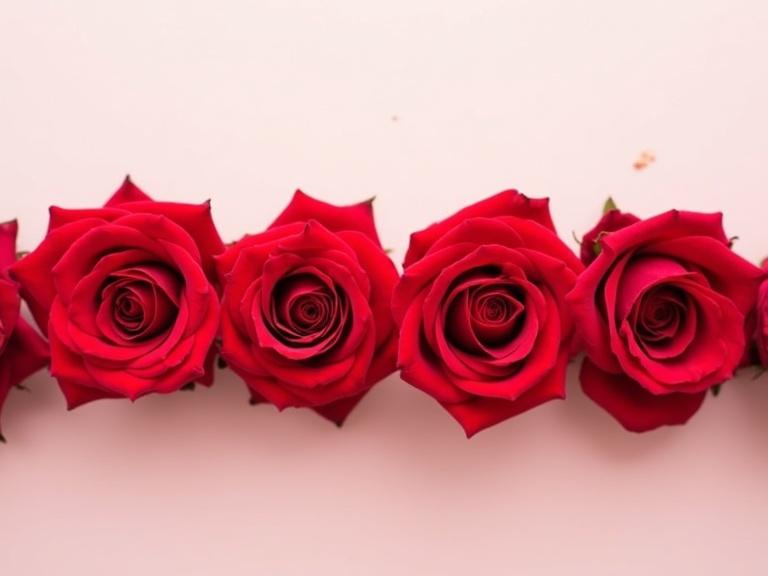 Five vibrant red roses arranged side by side. Roses are fully bloomed and visible. Background is minimal and soft. Elegant style suitable for karaoke videos.