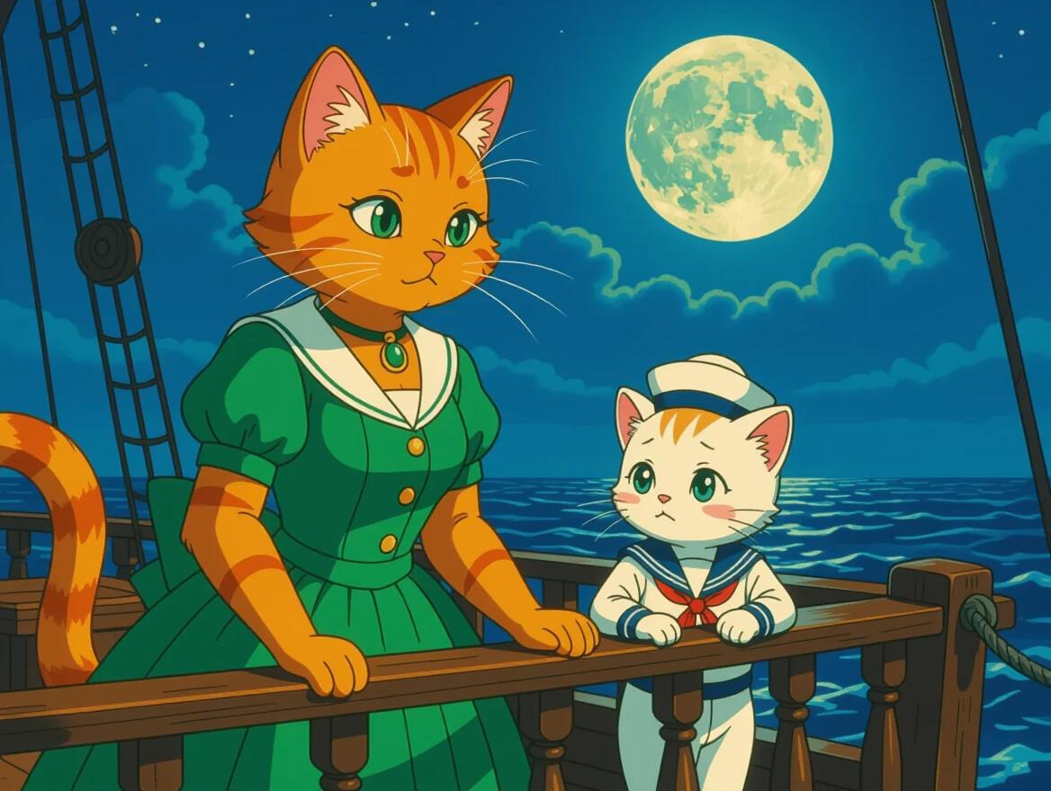 Dramatic nighttime scene aboard a ship under the full moon. An anthropomorphic orange cat wears elegant emerald green dress and stands behind white kitten dressed in sailor uniform. Adult cat has serious expression. Kitten looks ahead with sad gaze. Both hold onto ship’s railing. Dark ocean in background enhances dramatic mood.