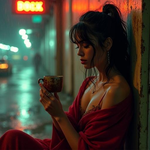 A woman in a red dress leans against a dumpster in a rainy alley. She holds a chipped mug while looking at passing lights. The scene captures a moment of tension and intimacy. Shot with grainy 16mm film, showing deep shadows and a warm light illuminating her collarbone.