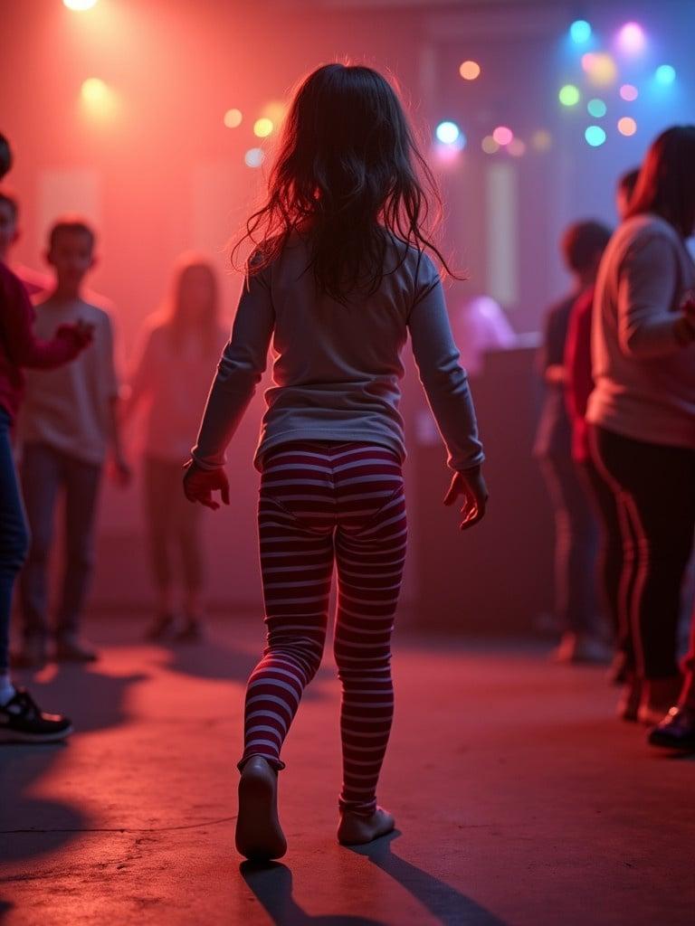 A 7 year old girl participates in a lively party. Wearing tight red, blue, and white striped leggings. She faces away from the camera, showcasing her movement. Feet are visible. Background has colorful lights.