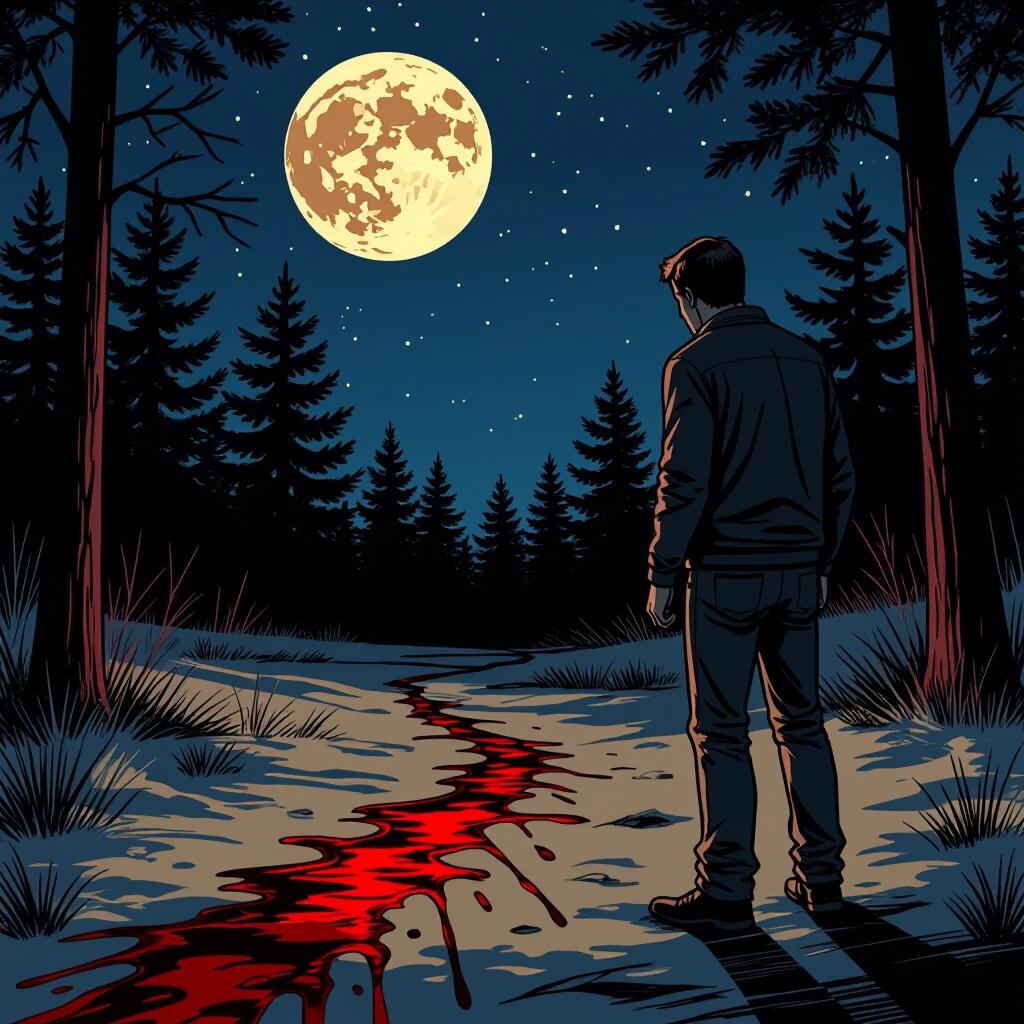 A man stands looking at blood tracks on the ground. Comic book art style. Night time with a bright full moon. Pine trees surround the scene. Overall atmosphere is reddish and filled with horror elements.