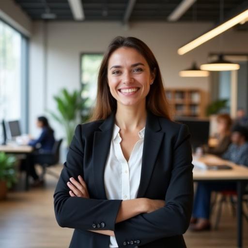 Businesswoman stands confidently with arms crossed in a modern coworking space. She exudes leadership qualities and empowerment. The office has bright natural light and green plants. The atmosphere is professional yet inviting.