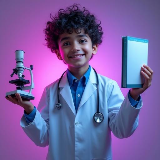 A hyper-realistic photo of a teenage boy in a white lab coat with multiple arms. He has a stethoscope around his neck. One hand holds a microscope and another holds a book. The boy has a confident expression. The background is minimalistic and futuristic with purple and blue lighting.
