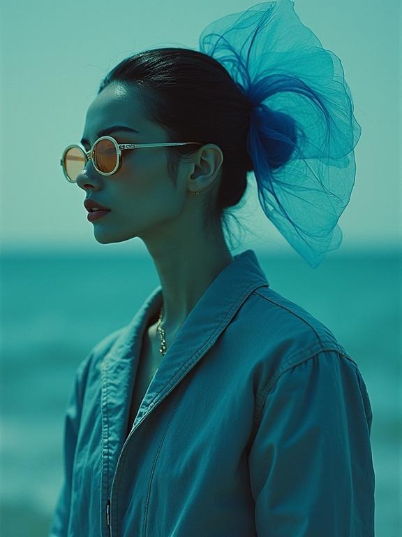 Exquisite portrait of a woman with a tulle bun. She wears sunglasses. Set against a beach background. Color tones are cyan and teal. Avant-garde elements are visible.
