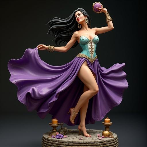 A hyper-detailed collectible resin statue of a seductive gypsy dancer. She is captured in an elegant dance with one leg extended and her full skirt swirling around. Her arms are raised, holding a tambourine. The clothing includes a turquoise corset and a high-slit purple skirt. Dark hair falls around her shoulders. The base has cobblestones, candles, and petals. Soft lighting enhances the scene.