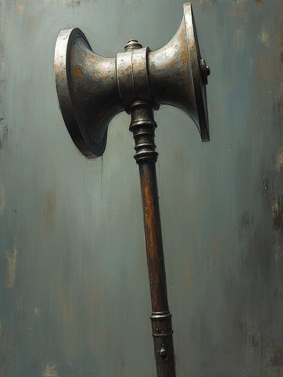 A mace with a sturdy handle and an oval-shaped flanged head that is made of polished metal. It features an impressionistic and Eldritch style.