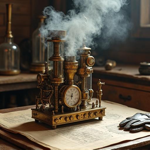 Intricate steampunk device on workbench made of brass gears and glass tubes emitting steam. Tiny dials and gauges displaying readings. Nearby leather gloves and old blueprints scattered on wooden table.