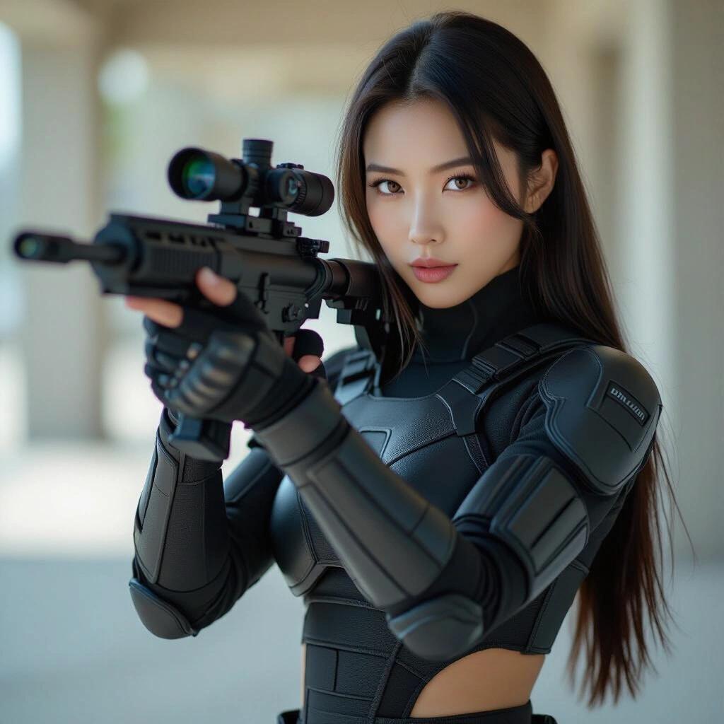 Beautiful young Asian woman wears a futuristic padded uniform. She has long black hair and brown eyes. She holds a futuristic rifle and looks through the scope. The setting appears photorealistic and emphasizes her pose and equipment.