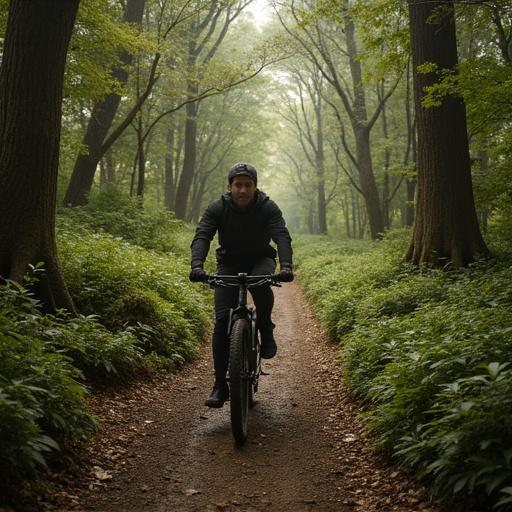 A person rides a bicycle on a dirt path through a lush forest. Tall trees surround the path creating a natural tunnel effect. The atmosphere is calm with soft lighting filtering through the leaves. The scene conveys a sense of adventure and tranquility.
