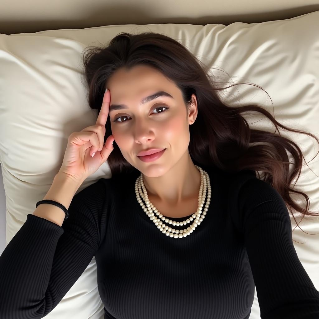 Person lying down on a pillow wearing a black top and pearl necklace. Hand positioned with thumb on forehead taking a selfie. Long dark hair spread on the pillow.