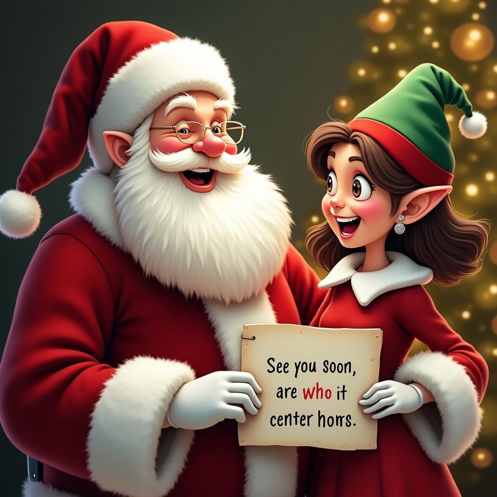 A joyful Santa Claus in a red suit smiles. An elf girl with brown hair stands beside him. The elf holds a sign with a festive message. Warm lighting creates a holiday atmosphere. The background features a Christmas tree.