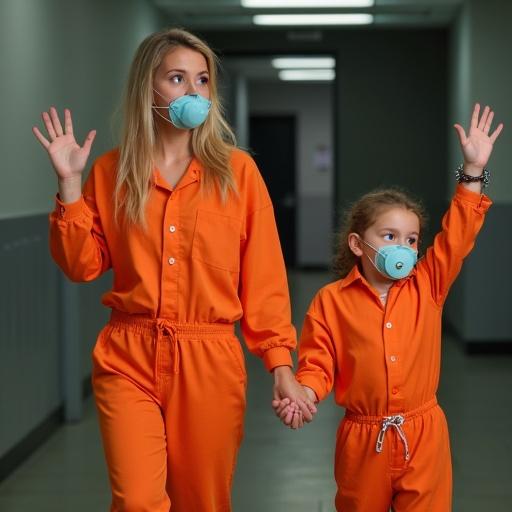 Mother and two children wear orange jail jumpsuits. Children hold hands with mother while waving goodbye. Scene set in a jail corridor. Kids wear oversized pacifiers. Family interaction shown in a humorous light.