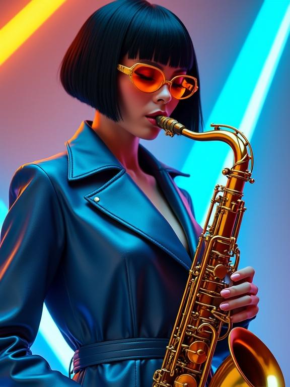 Woman with short black hair plays golden saxophone. She wears angular orange sunglasses and a metallic blue jacket with matching pants. Background features neon blue and orange light beams. Scene inspired by futuristic and cyberpunk themes.