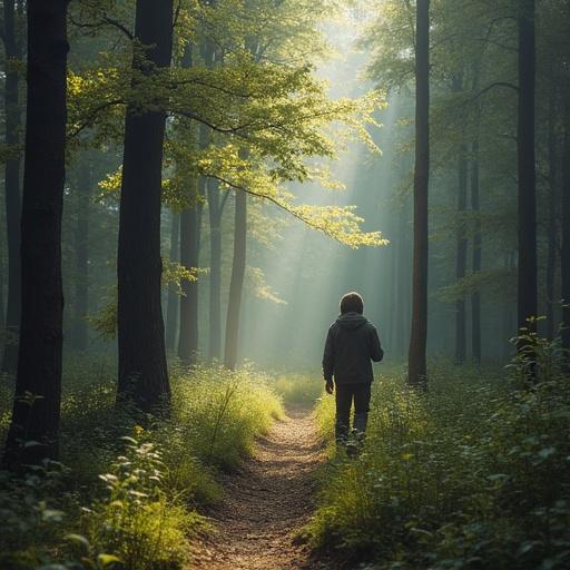 A person walks on a forest path surrounded by tall trees. Soft sunlight filters through the leaves creating a serene atmosphere. Lush greenery and a tranquil environment evoke a sense of peace.
