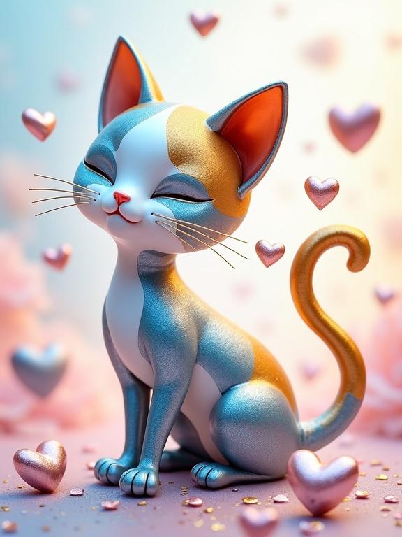 A sleek metallic cat sits gracefully with a joyful expression. The cat has a shiny body in blue, white, orange, gold, and silver colors. Tiny, three-dimensional hearts surround the cat, adding to its charm. The background features pastel colors like pale blue and soft pink, enhancing the joyful theme of love.