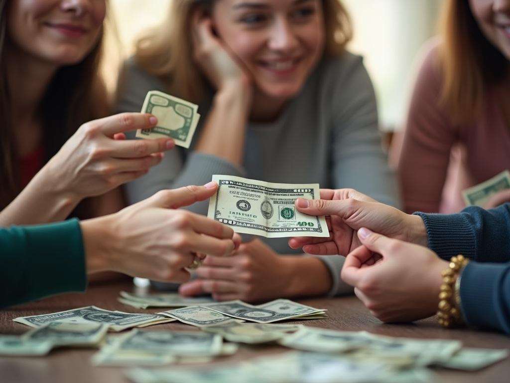 Several people exchanging dollar bills. Hands reaching out for cash. Background shows smiling faces. Money scattered on the table. Close focus on the exchange.
