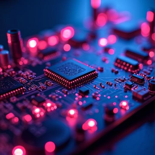 Futuristic circuit board with LED lights. Dominant colors are pink and blue. Detailed close-up showing intricate electronic components.