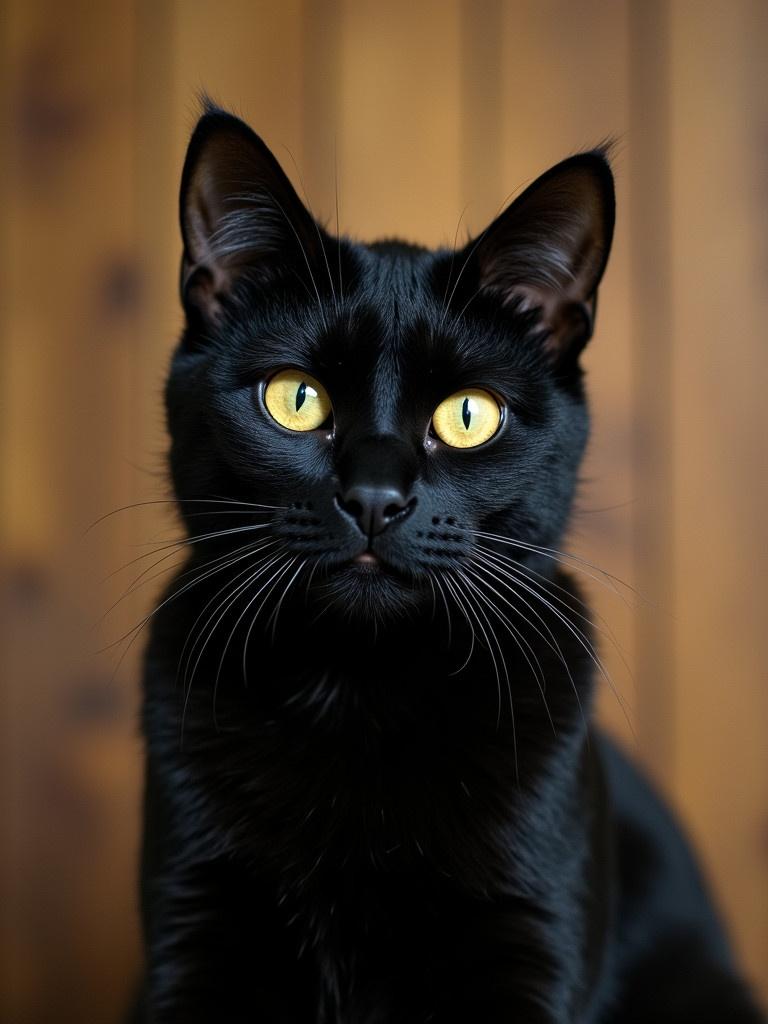 A black cat with striking yellow eyes looks directly at the camera. The background consists of wooden panels, creating a warm and natural ambiance.