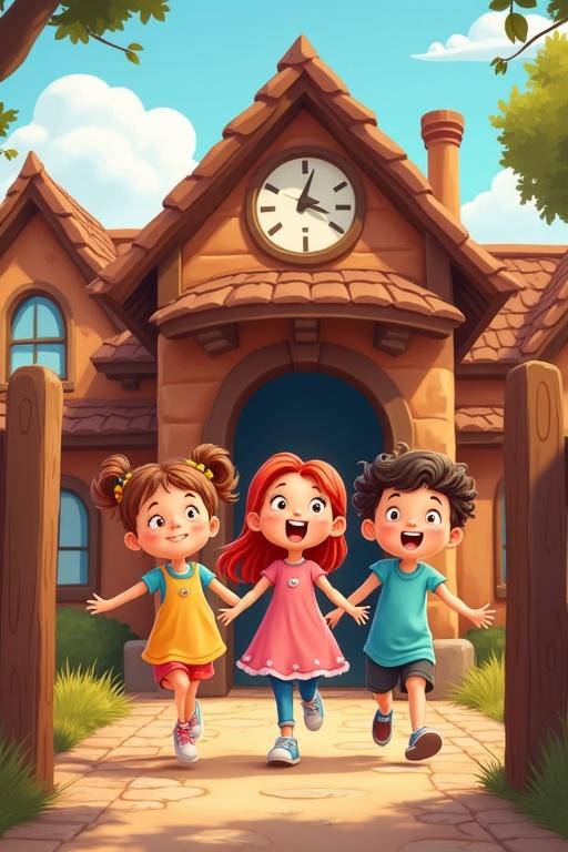 Excited cartoon children entering a chocolate-made school with smiling faces in a bright and cheerful surrounding. Fantasy cartoon illustration.