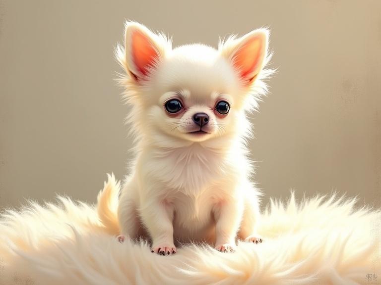 A male white longhaired chihuahua sits with both front paws on a plush surface. The image showcases a soft and warm light that illuminates the chihuahua's fluffy coat creating an elegant appearance. The artistic style has delicate brushstrokes similar to Impasto, evoking charm and playfulness.