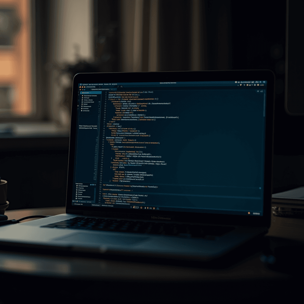 A laptop displaying a coding environment with lines of code in a dimly lit room.