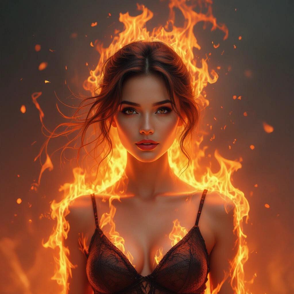 Woman created from flames with a striking portrait. Energetic fire spirit engulfed in vibrant flames and glowing embers. Dark background highlights the fiery elements.