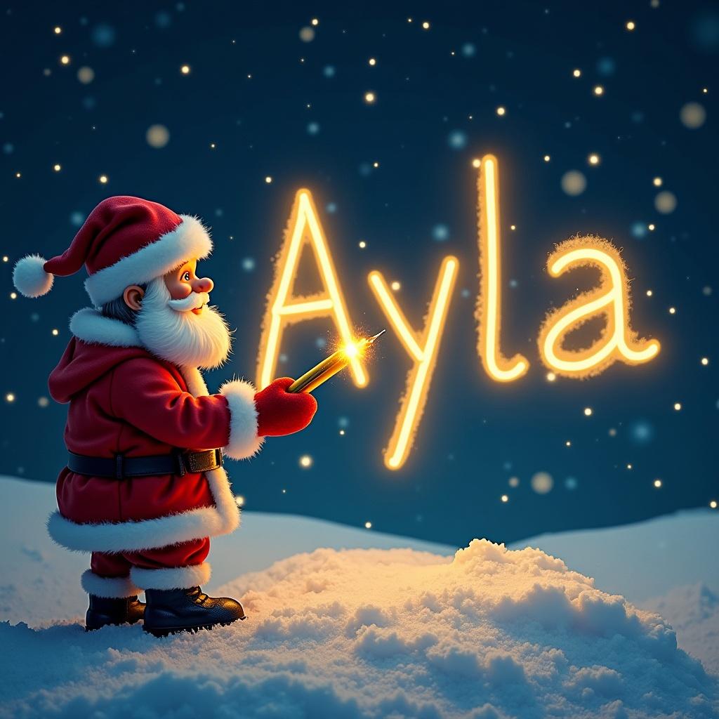 Scene features Santa Claus in red suit. He writes Ayla in glowing golden font against a blue sky. Snow covers the ground.