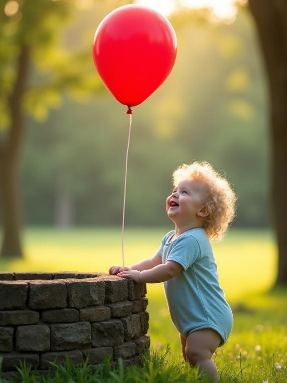 A sunny day in a green field. A baby with curly blonde hair wearing a light blue onesie. The baby stands near a stone well. A large red balloon is above the baby. Trees are in the background with sunlight filtering through. The atmosphere is warm and peaceful with a bokeh effect in the background.