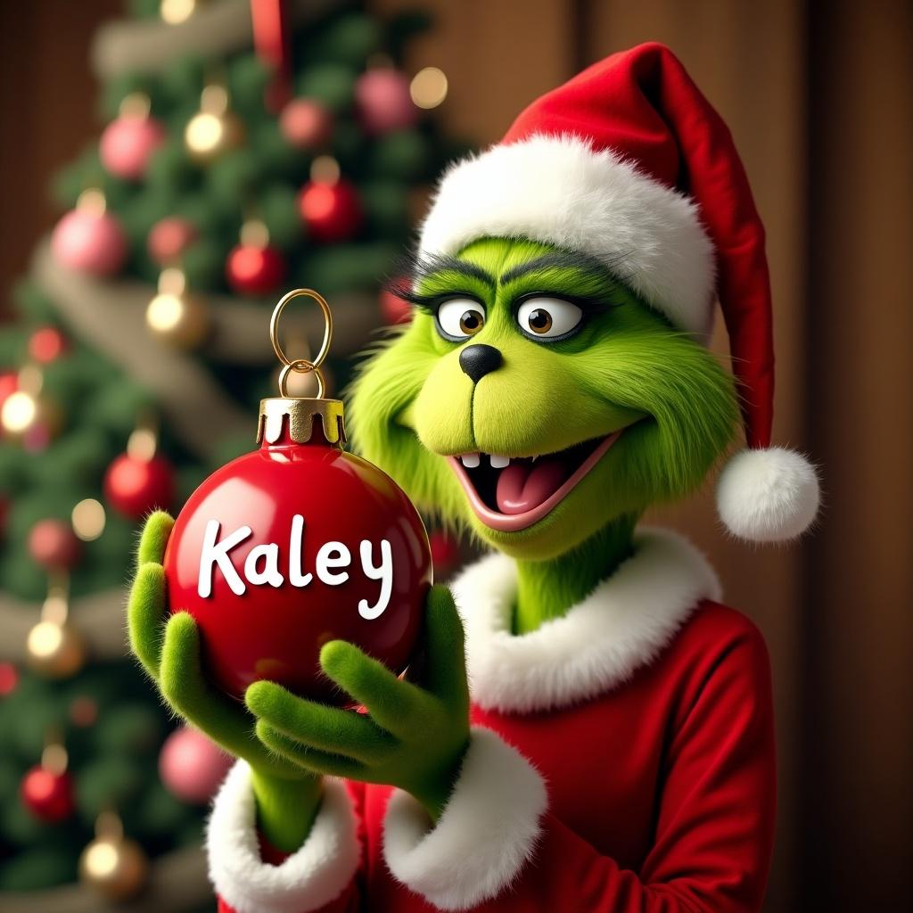 The Grinch holds a red ornament with the name Kaley. Festive background features a Christmas tree. Grinch is dressed in a Santa outfit.