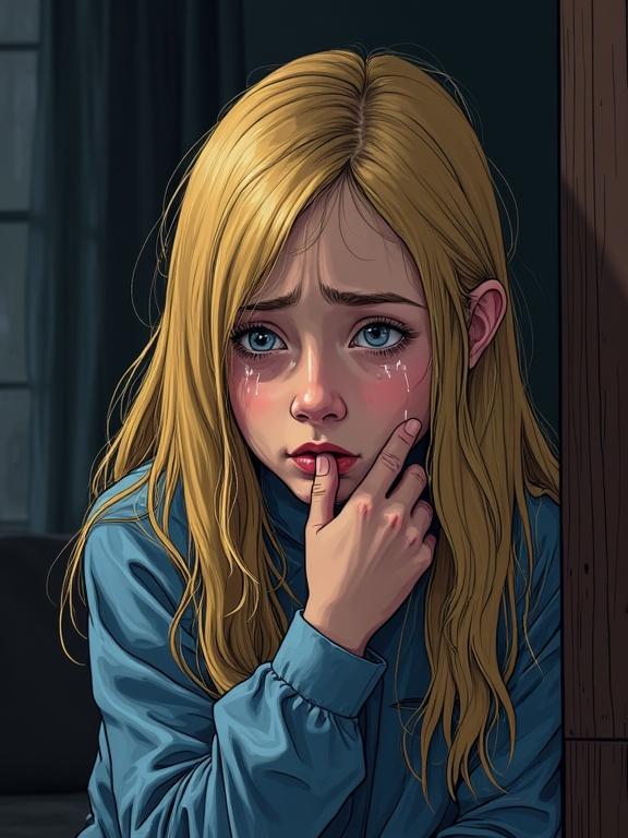 Colored ink drawing with bold lines. A scared teen girl with blonde hair. She is tearful and crying. The scene is set in a dark living room. The girl looks upset. Her lower lip is trembling. A side view perspective captures her emotion. Hands are on her sides while she looks down.