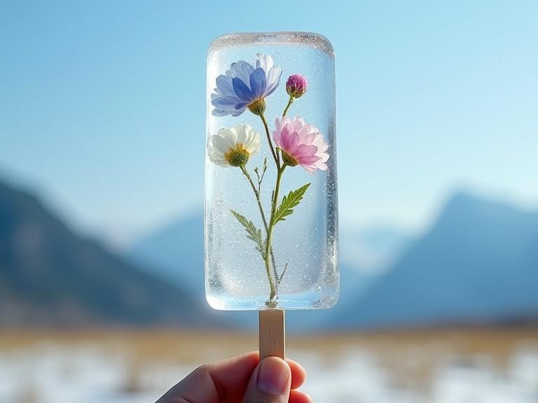 Close-up view of rectangular ice cream bar made of transparent ice. Inside, delicate flowers are frozen in various positions. Flowers have soft pastel tones including blue, pink, and green. The ice cream bar has a glossy sheen enhancing the petals. A wooden stick is visible. A human hand holds the stick. The background has a blurred field with mountains.
