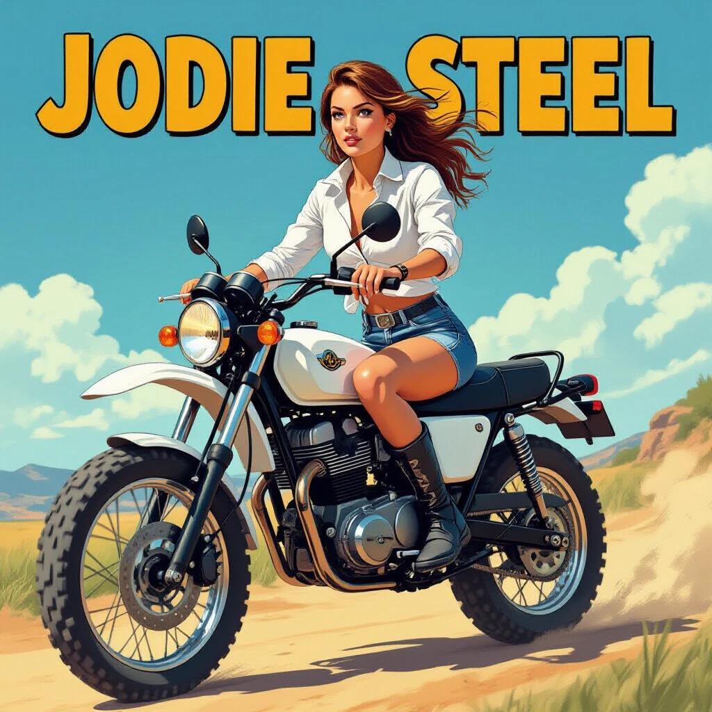 Young woman rides motorcycle confidently in comic-strip style. Bright blue sky in the background. She has short, tousled straw-blonde hair. Wearing white shirt knotted at front. Faded denim shorts and black motorcycle boots enhance her adventurous look. Side view displays the motorcycle on only rear wheel. Energetic gaze directed into the distance. Strong contour lines and photorealistic colors used in the artwork.