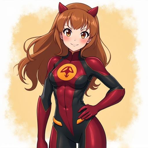 Character in a hero suit with cute features. Attractive design with hourglass figure and long hair. Confident pose in front of a light background.