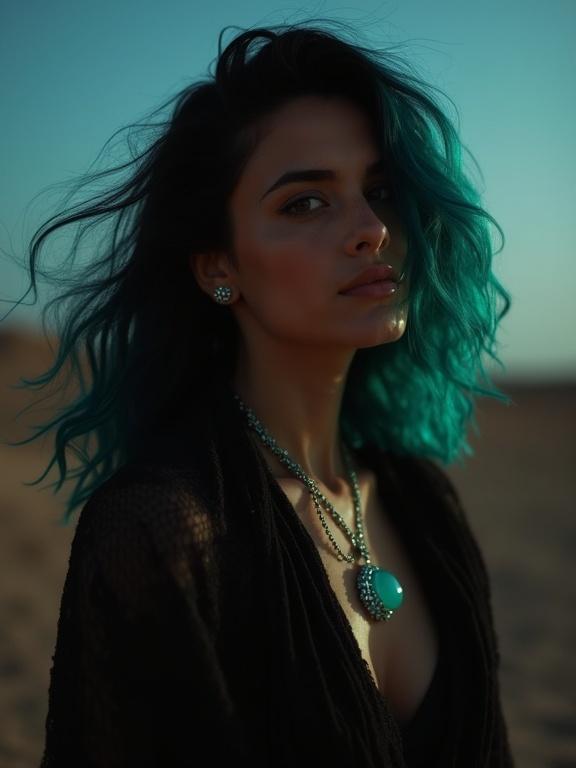 Casual portrait of a woman in the desert at night. Features black and turquoise hair. Worn black shawl adds texture. Hair catches wind beautifully. Model exudes confidence with perfect features. Gemstone necklace enhances style. Focus on facial features and expressive eyes.