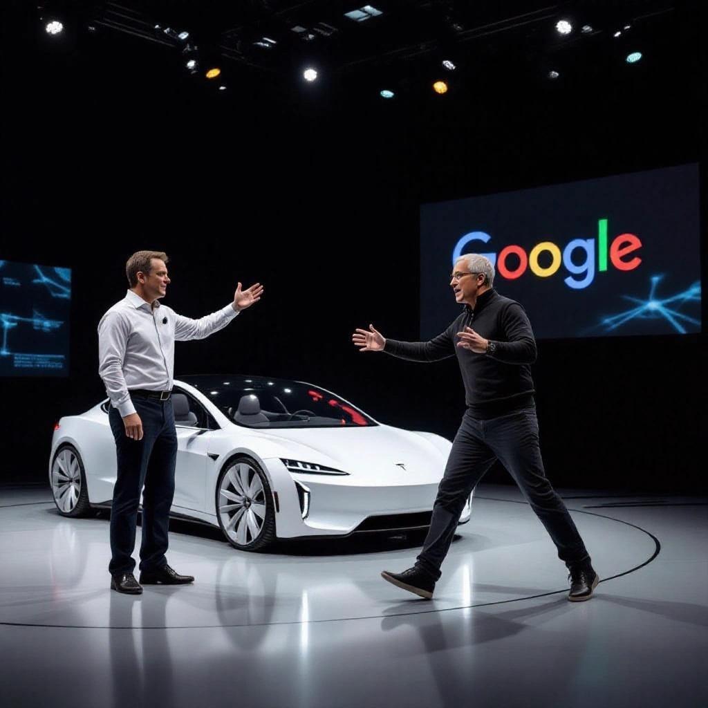 Founders of Tesla and Google presenting a new automotive product on stage with a sleek car and tech visuals in the background.