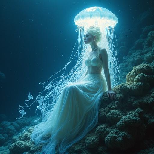A blend of a woman and a jellyfish in a magical underwater scene. The queen features glowing tendrils. She is sitting on a coral structure resembling a throne. Sea creatures surround her, creating a celestial effect.